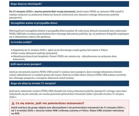 Obywatele Ukrainy z PESEL UKR muszą potwierdzić tożsamość do 31 sierpnia