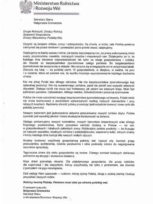 Minister rolnictwa dziękuje rolnikom za trud żniw i obiecuje wsparcie