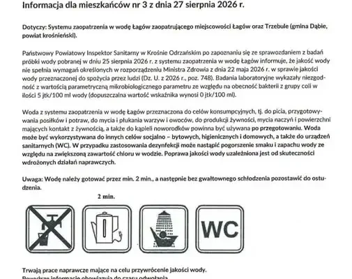 Woda w Łagowie i Trzebuli nie nadaje się do picia – konieczne przegotowanie