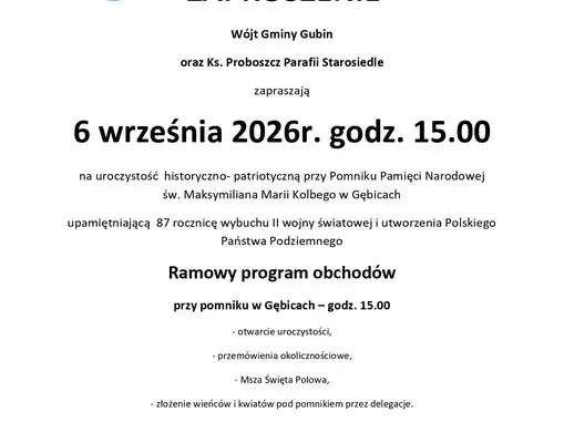 Uroczystość patriotyczna w Gębicach – zaproszenie na 6 września