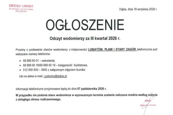 Odczyt wodomierzy za III kwartał 2026 – mieszkańcy Lubiatowa, Pławia i Starego Zagóru proszeni o podanie stanów liczników